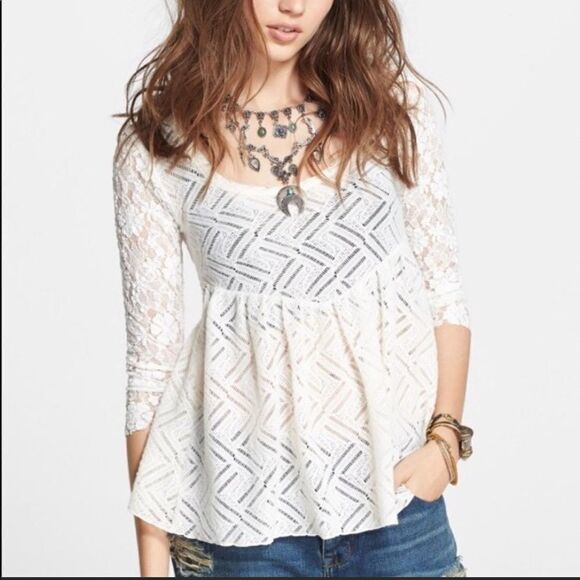 Free People Tops - Free People Cream Gracie Lace Crochet Baby Doll Peplum Boho Top Shirt SMALL
